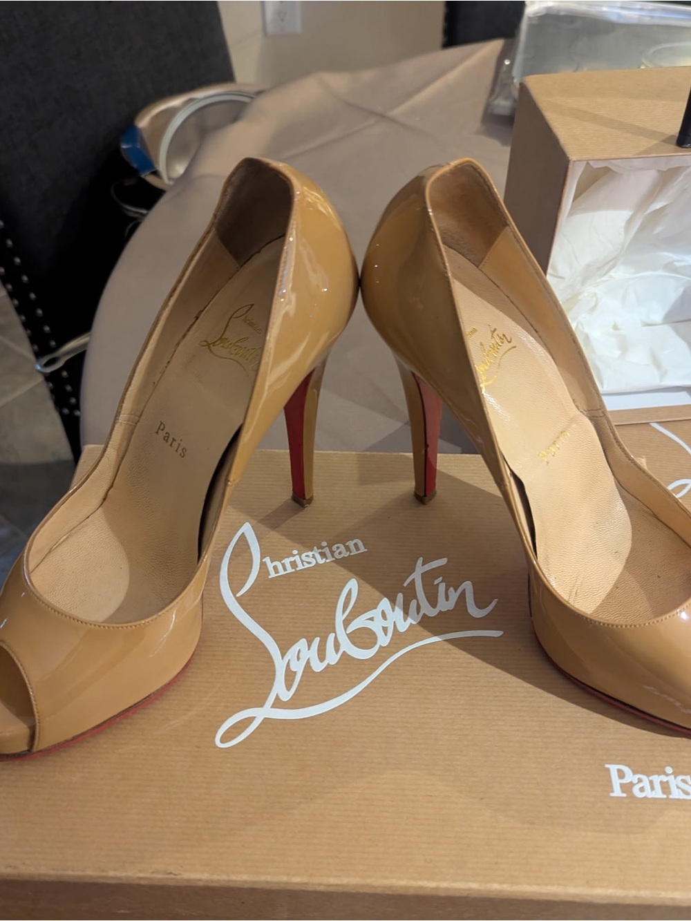 Christian Louboutin Nude Patent Leather Peep-Toe Pumps with Red Soles
